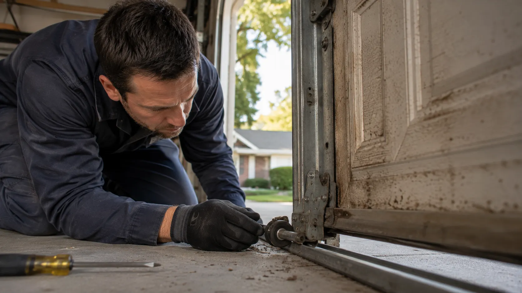 Garage door detail illustrating deciding whether to repair or replace an older charlotte door