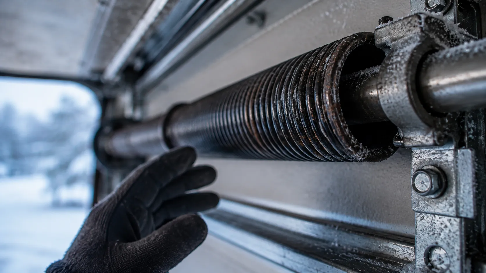 Garage door detail illustrating what charlotte's cold snaps actually do to a torsion spring