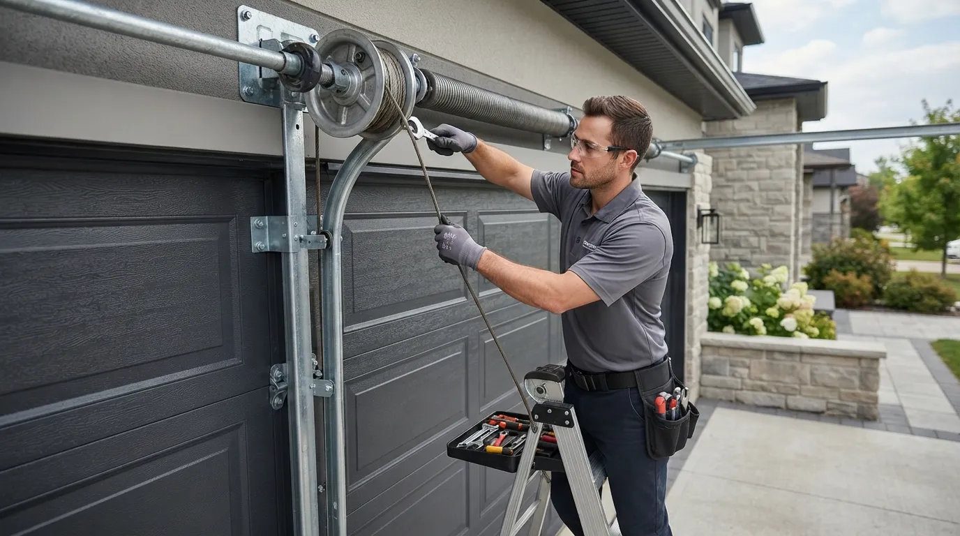 Technician repairing a garage door torsion spring in Charlotte