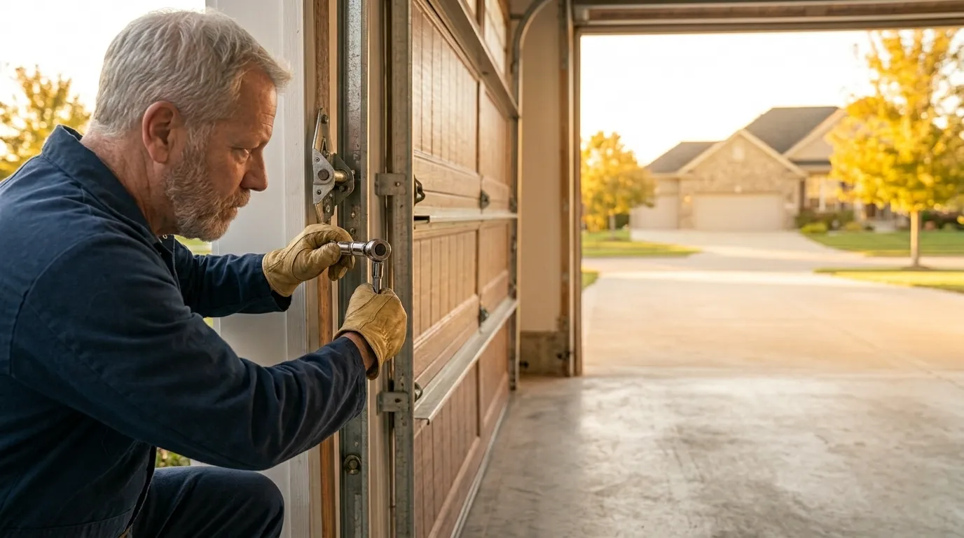 Garage door technician inspecting rollers tracks and opener